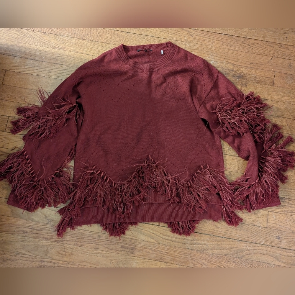 Kobi Halperin Simone Ostrich Feather Fringed 100% Wool Sweater, Women's Xl